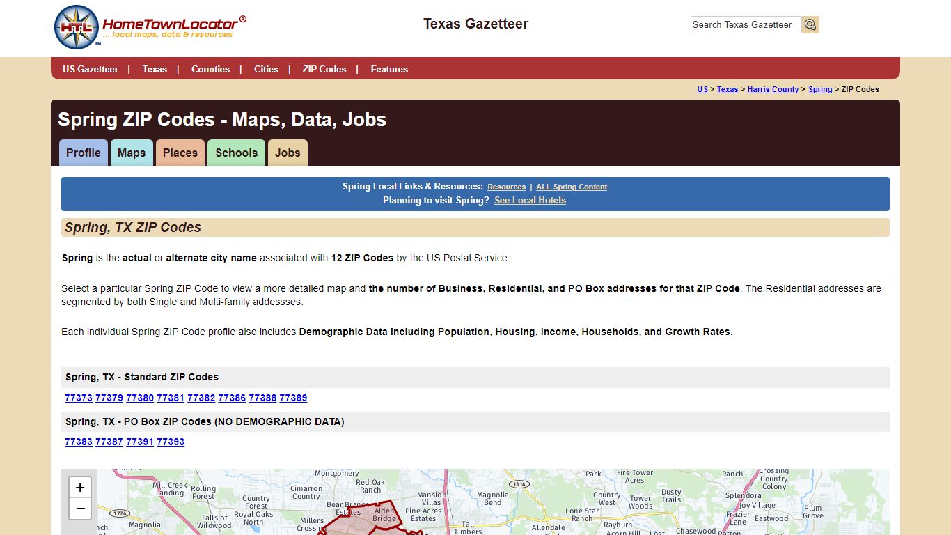 Spring ZIP Codes - Maps, Data, Jobs - HomeTownLocator